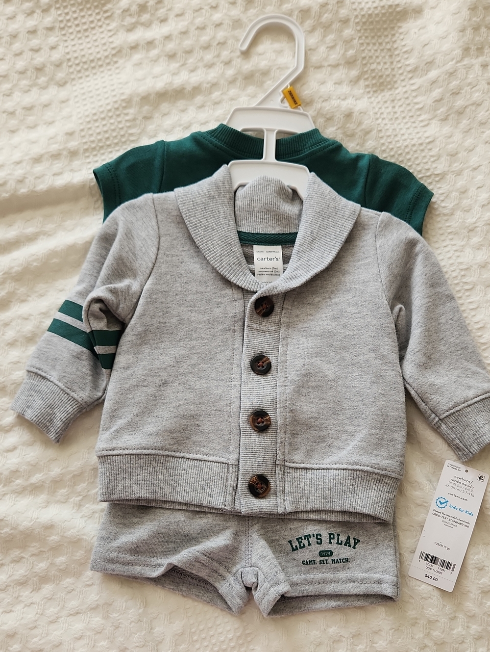 Carter's Grey Shawl Collar Cardigan Set with Green Tee and Shorts